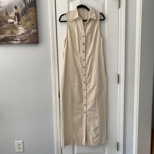 Lavender J Cream Cotton Linen Blend Sleeveless Button Down Maxi Dress Womens S